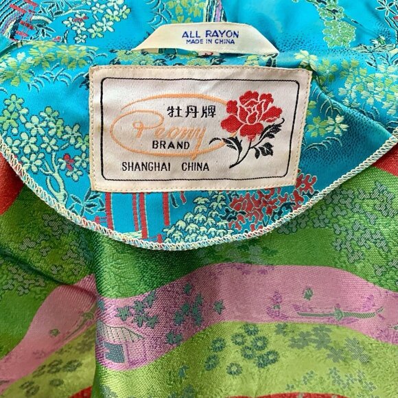 Vtg PEONY Brand Kimono Jacket Turquoise Floral Embroidery S/S Shirt Women SZ S - Picture 4 of 4
